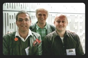 n the studio after the programme: Thinking Allowed, Radio 4, BBC Broadcasting House, George McKay with presenter Prof Laurie Taylor (centre) and Dr Tim Jordan (right)