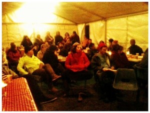 in the marquee at Spitalfields City Farm talking about the politics of gardening 