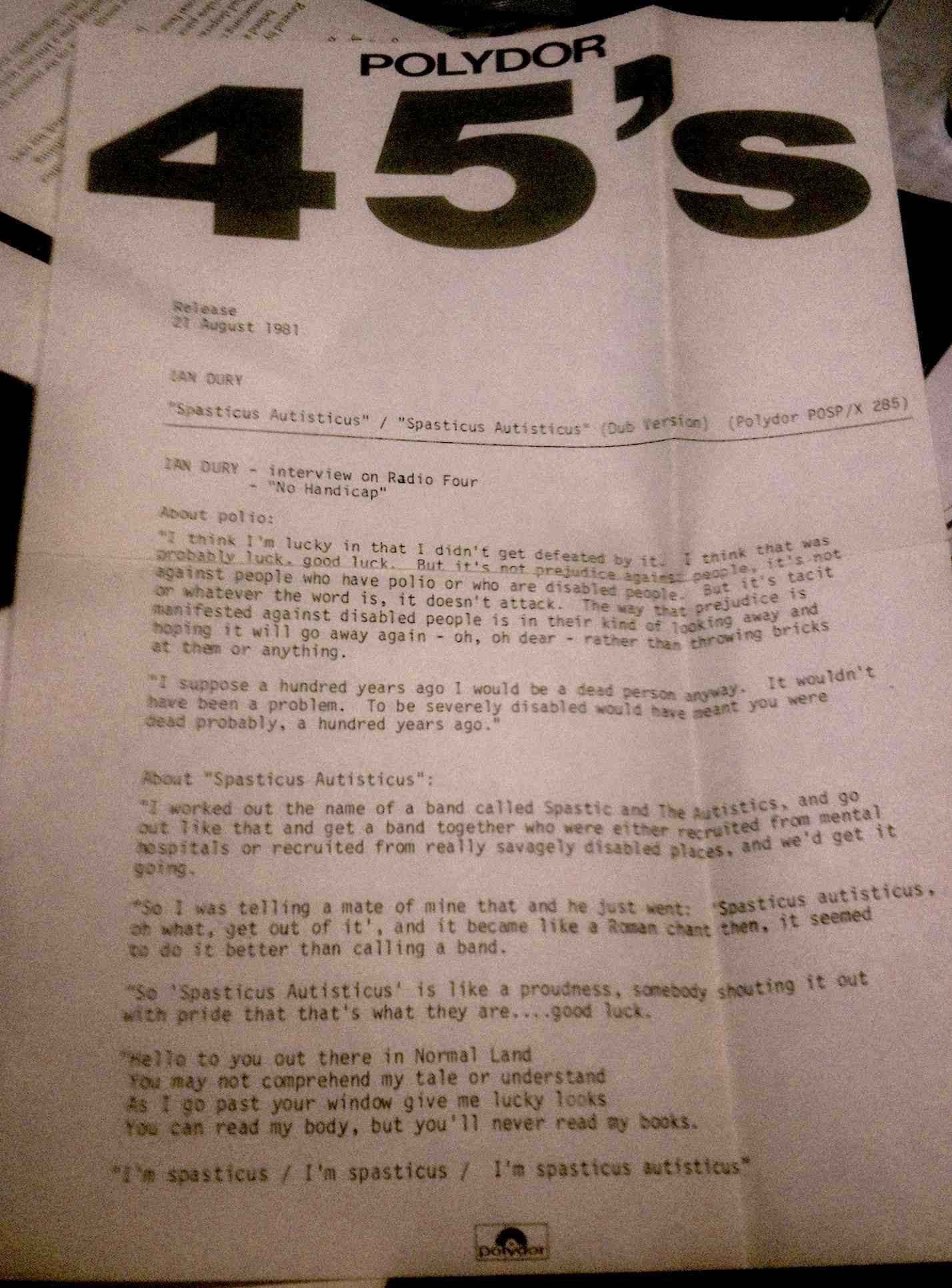 Spasticus Autisticus press release 1981